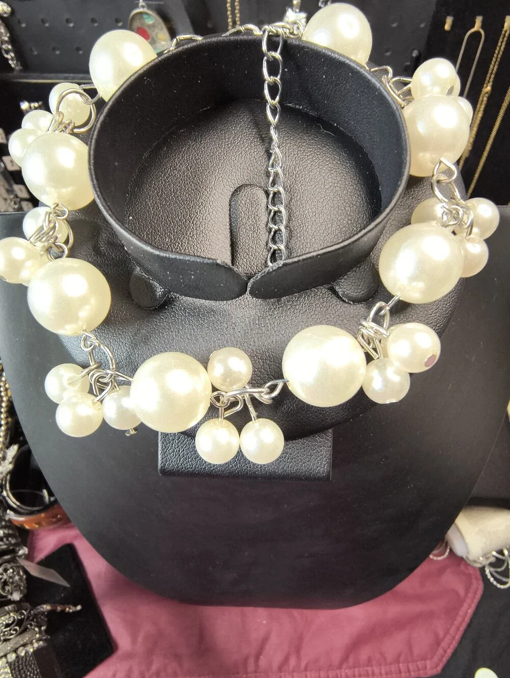 Faux Pearl Cluster Statement Bracelet Silver Tone Adjustable NOT
